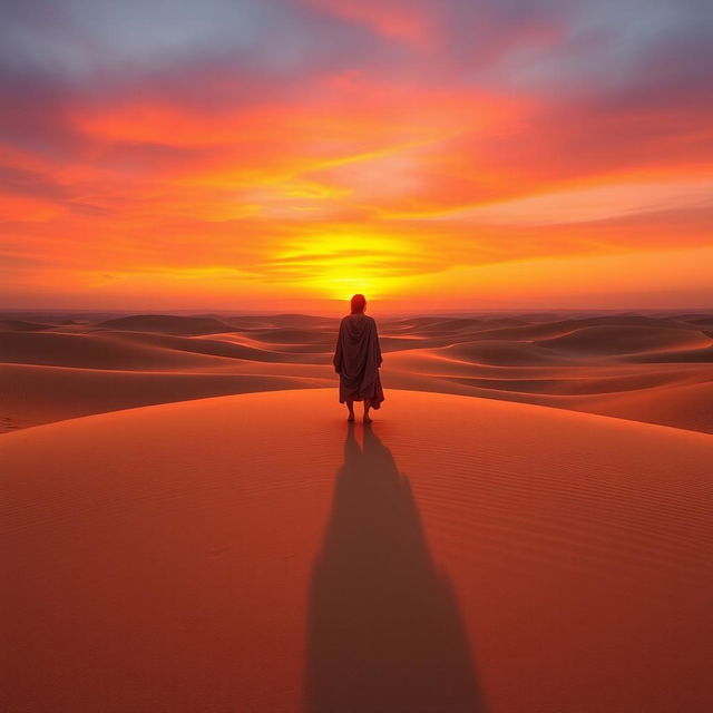 A solitary figure standing in a vast desert at sunset, with a dramatic long shadow stretching across the golden sand