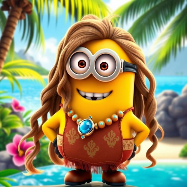 A Minion dressed as Moana with long, wavy hair that captures Moana's iconic look