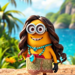 A Minion dressed as Moana with long, wavy hair that captures Moana's iconic look