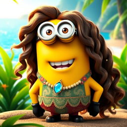 A Minion dressed as Moana with long, wavy hair that captures Moana's iconic look