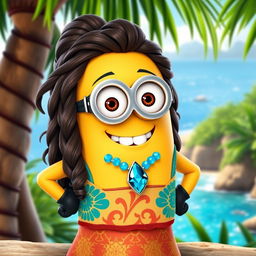 A Minion dressed as Moana with long, wavy hair that captures Moana's iconic look