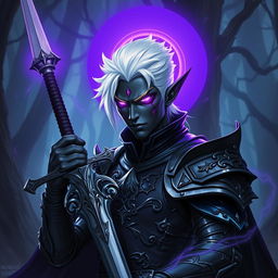 A male drow paladin depicted in sleek, dark armor embellished with ornate details that convey both majesty and menace