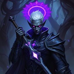 A male drow paladin depicted in sleek, dark armor embellished with ornate details that convey both majesty and menace