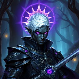 A male drow paladin depicted in sleek, dark armor embellished with ornate details that convey both majesty and menace