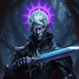 A male drow paladin depicted in sleek, dark armor embellished with ornate details that convey both majesty and menace