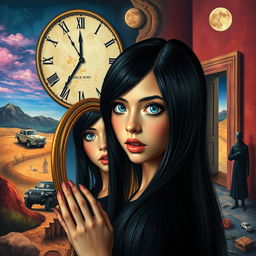 A beautiful, stunning girl with black hair and striking blue eyes gazes into a mirror within a surreal, psychedelic landscape reminiscent of Salvador Dali