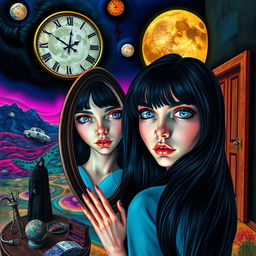 A beautiful, stunning girl with black hair and striking blue eyes gazes into a mirror within a surreal, psychedelic landscape reminiscent of Salvador Dali