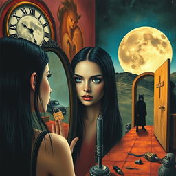 A beautiful, stunning girl with black hair and striking blue eyes gazes into a mirror within a surreal, psychedelic landscape reminiscent of Salvador Dali