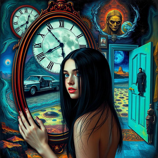 A beautiful, stunning girl with black hair and striking blue eyes gazes into a mirror within a surreal, psychedelic landscape reminiscent of Salvador Dali