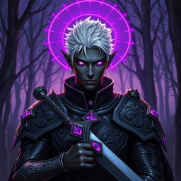 A male drow paladin depicted in striking dark armor with ornate designs that blend both beauty and intimidation