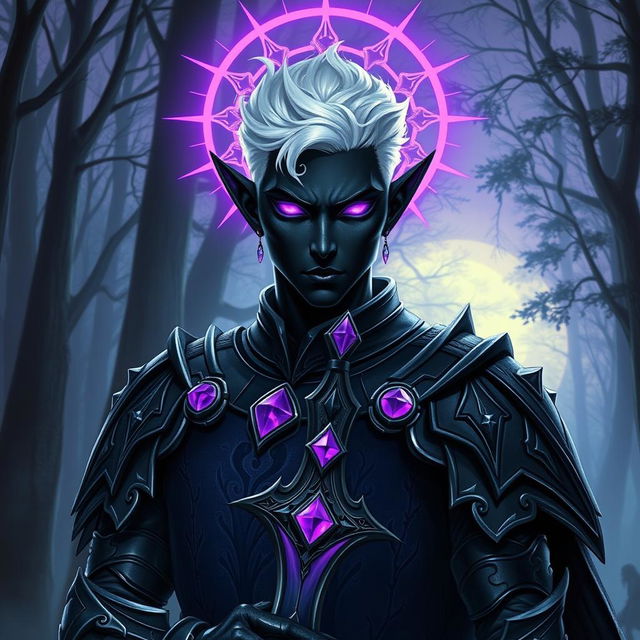 A male drow paladin depicted in striking dark armor with ornate designs that blend both beauty and intimidation