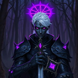 A male drow paladin depicted in striking dark armor with ornate designs that blend both beauty and intimidation