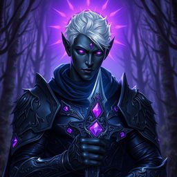 A male drow paladin depicted in striking dark armor with ornate designs that blend both beauty and intimidation