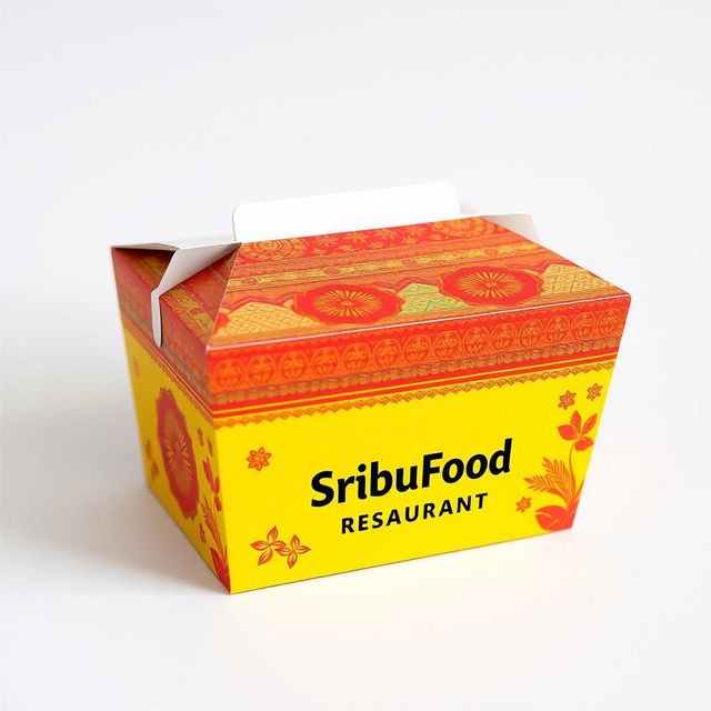 A vibrant and culturally rich take-out box design for 'SribuFood Restaurant'