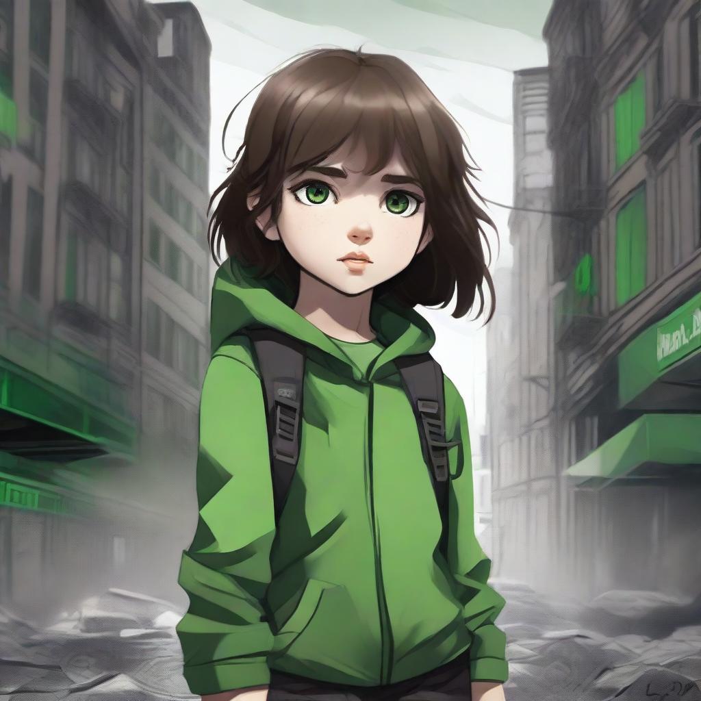 A high-quality digital art piece featuring a little girl with brown hair and green eyes