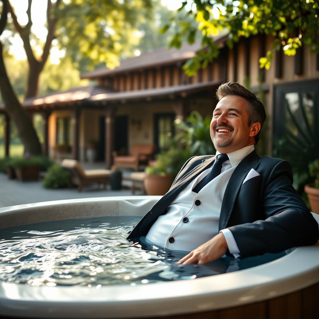 A stylish and sophisticated image of Erick Jacquin, a renowned chef, wearing a sharp suit while lounging in a luxurious hot tub at the Soho Galeria country house