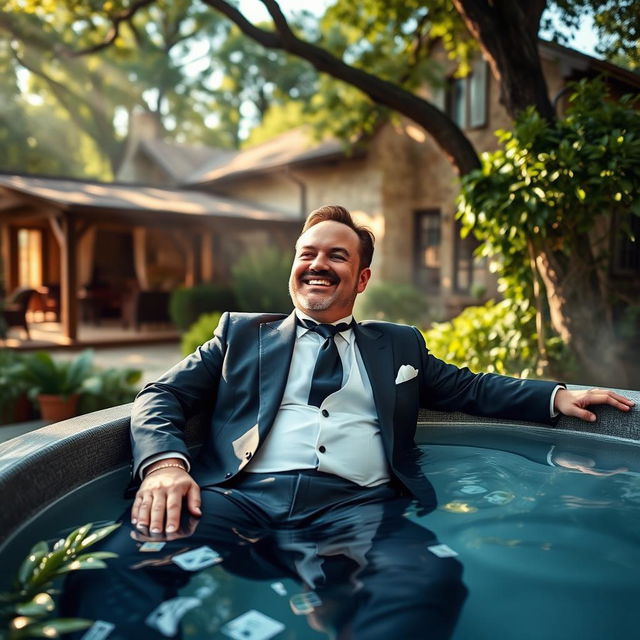 A stylish and sophisticated image of Erick Jacquin, a renowned chef, wearing a sharp suit while lounging in a luxurious hot tub at the Soho Galeria country house