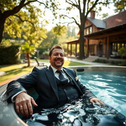 A stylish and sophisticated image of Erick Jacquin, a renowned chef, wearing a sharp suit while lounging in a luxurious hot tub at the Soho Galeria country house