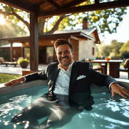 A stylish and sophisticated image of Erick Jacquin, a renowned chef, wearing a sharp suit while lounging in a luxurious hot tub at the Soho Galeria country house