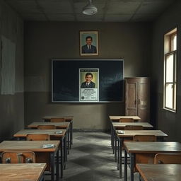 A desolate school classroom in Argentina featuring empty desks and a broken blackboard