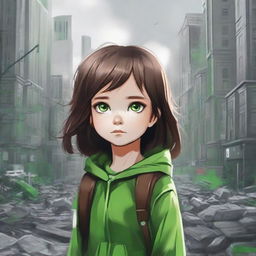 A high-quality digital art piece featuring a little girl with brown hair and green eyes