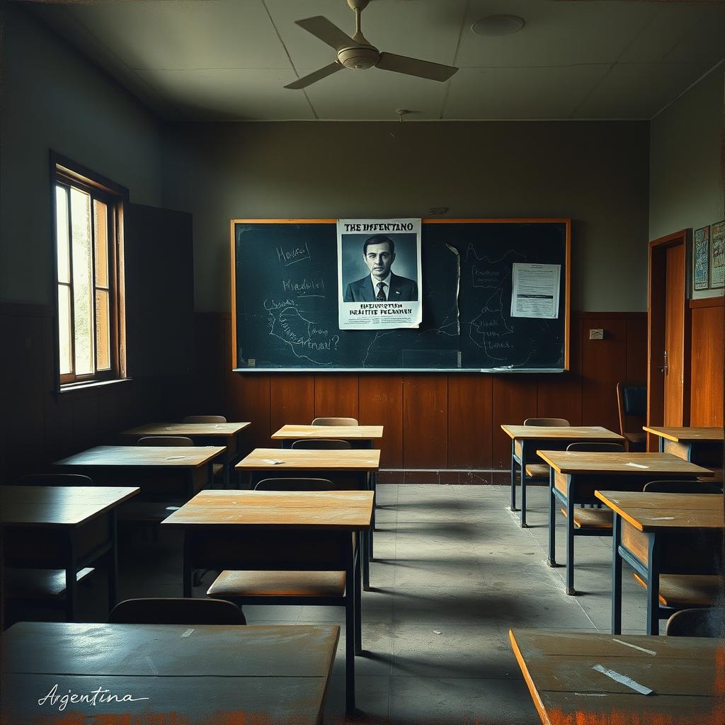 A desolate school classroom in Argentina featuring empty desks and a broken blackboard