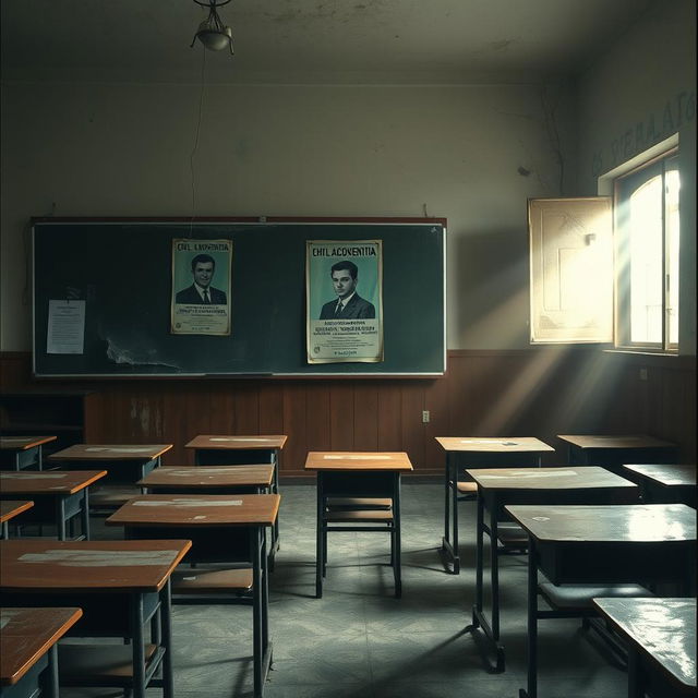A desolate school classroom in Argentina featuring empty desks and a broken blackboard