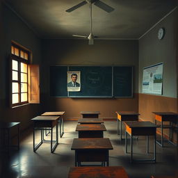 A desolate school classroom in Argentina featuring empty desks and a broken blackboard