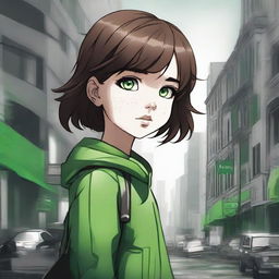 A high-quality digital art piece featuring a little girl with brown hair and green eyes