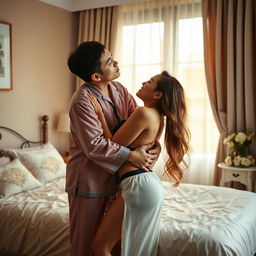 An intimate and romantic scene of a handsome Chinese man in soft pajamas, gently hugging and kissing a beautiful, sexy woman in a cozy bedroom
