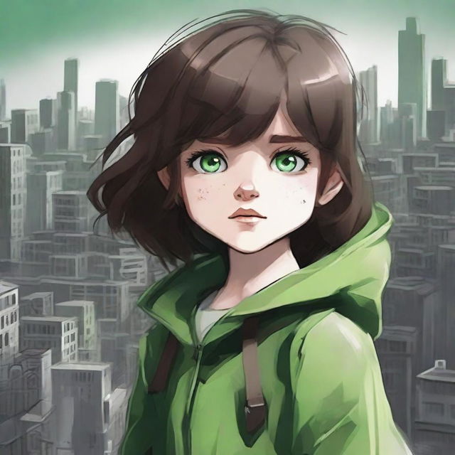 A high-quality digital art piece featuring a little girl with brown hair and green eyes