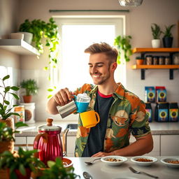 A charming interior scene of a modern kitchen where a young gay man is happily making tea