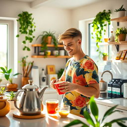 A charming interior scene of a modern kitchen where a young gay man is happily making tea
