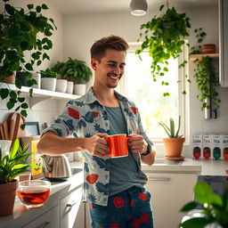 A charming interior scene of a modern kitchen where a young gay man is happily making tea