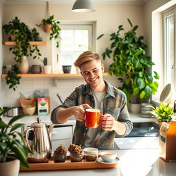A charming interior scene of a modern kitchen where a young gay man is happily making tea