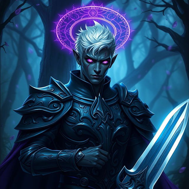 A male drow paladin showcasing imposing dark armor with intricate patterns that signify both nobility and strength