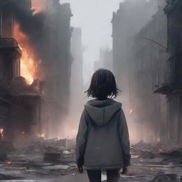 A high-quality digital art piece capturing a little girl amidst a city in chaos and destruction