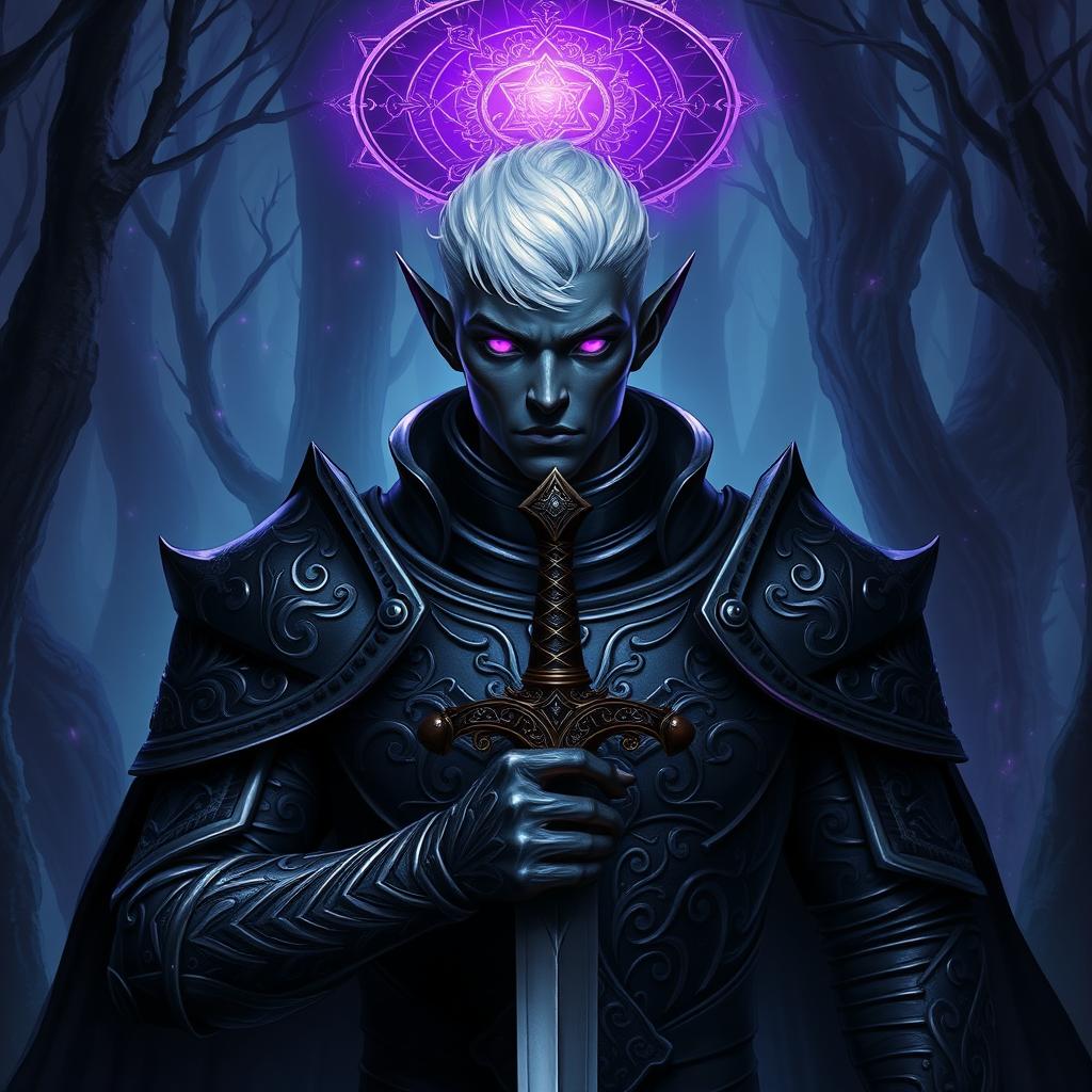 A male drow paladin showcasing imposing dark armor with intricate patterns that signify both nobility and strength