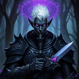 A male drow paladin showcasing imposing dark armor with intricate patterns that signify both nobility and strength