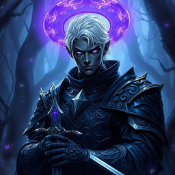 A male drow paladin showcasing imposing dark armor with intricate patterns that signify both nobility and strength