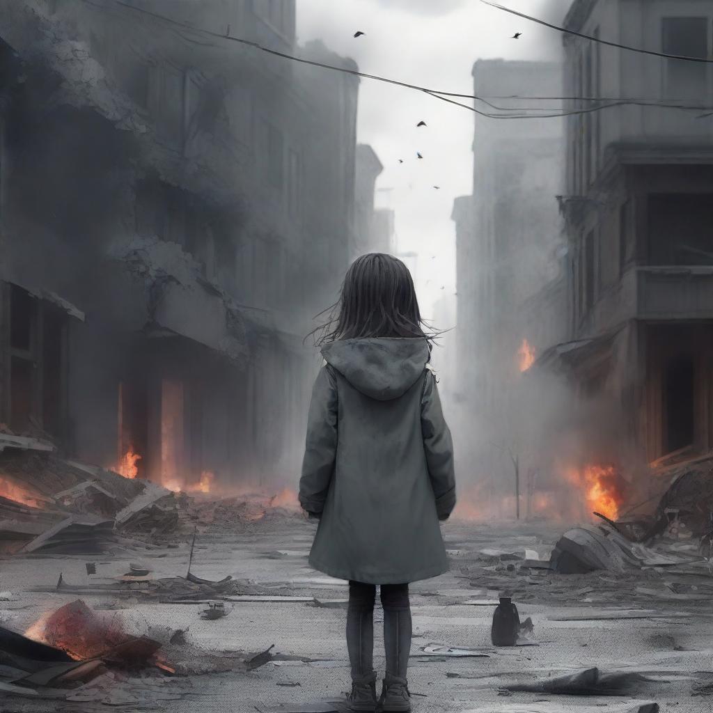 A high-quality digital art piece capturing a little girl amidst a city in chaos and destruction