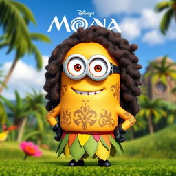 A charming Minion dressed as Maui from Disney's Moana, featuring long, curly hair that mimics Maui's signature style