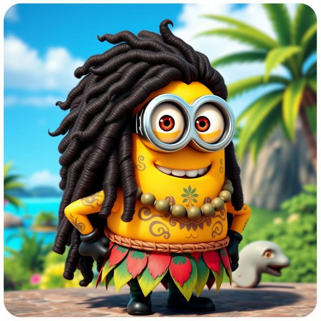 A charming Minion dressed as Maui from Disney's Moana, featuring long, curly hair that mimics Maui's signature style