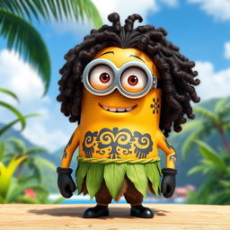 A charming Minion dressed as Maui from Disney's Moana, featuring long, curly hair that mimics Maui's signature style