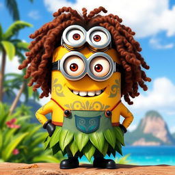 A charming Minion dressed as Maui from Disney's Moana, featuring long, curly hair that mimics Maui's signature style