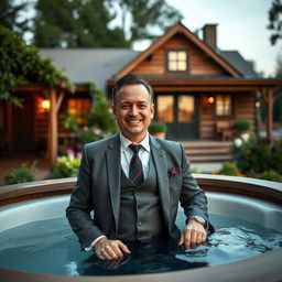 A stylish and elegant image of Chef Erick Jacquin, dressed in a tailored suit, enjoying a moment of relaxation in a hot tub at the Soho Galeria country house