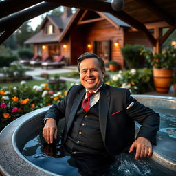 A stylish and elegant image of Chef Erick Jacquin, dressed in a tailored suit, enjoying a moment of relaxation in a hot tub at the Soho Galeria country house