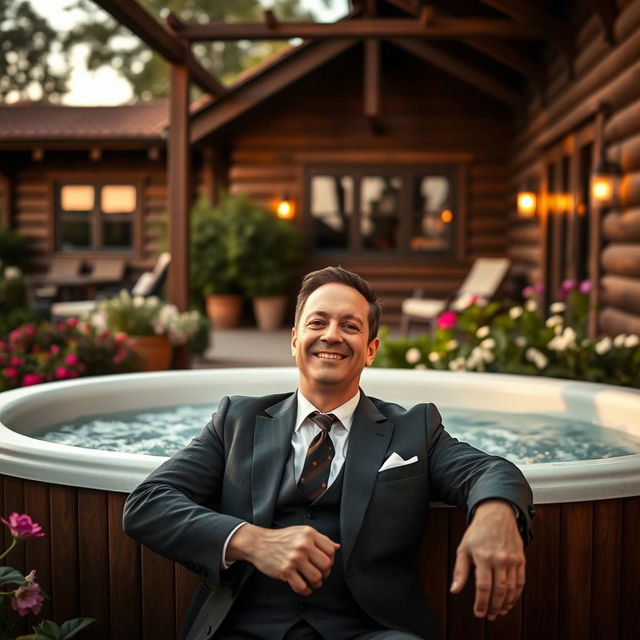 A stylish and elegant image of Chef Erick Jacquin, dressed in a tailored suit, enjoying a moment of relaxation in a hot tub at the Soho Galeria country house