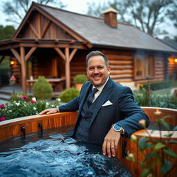 A stylish and elegant image of Chef Erick Jacquin, dressed in a tailored suit, enjoying a moment of relaxation in a hot tub at the Soho Galeria country house