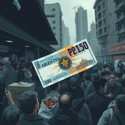 A crowded Argentine market during an economic crisis, filled with people frantically searching for basic products while struggling against inflation